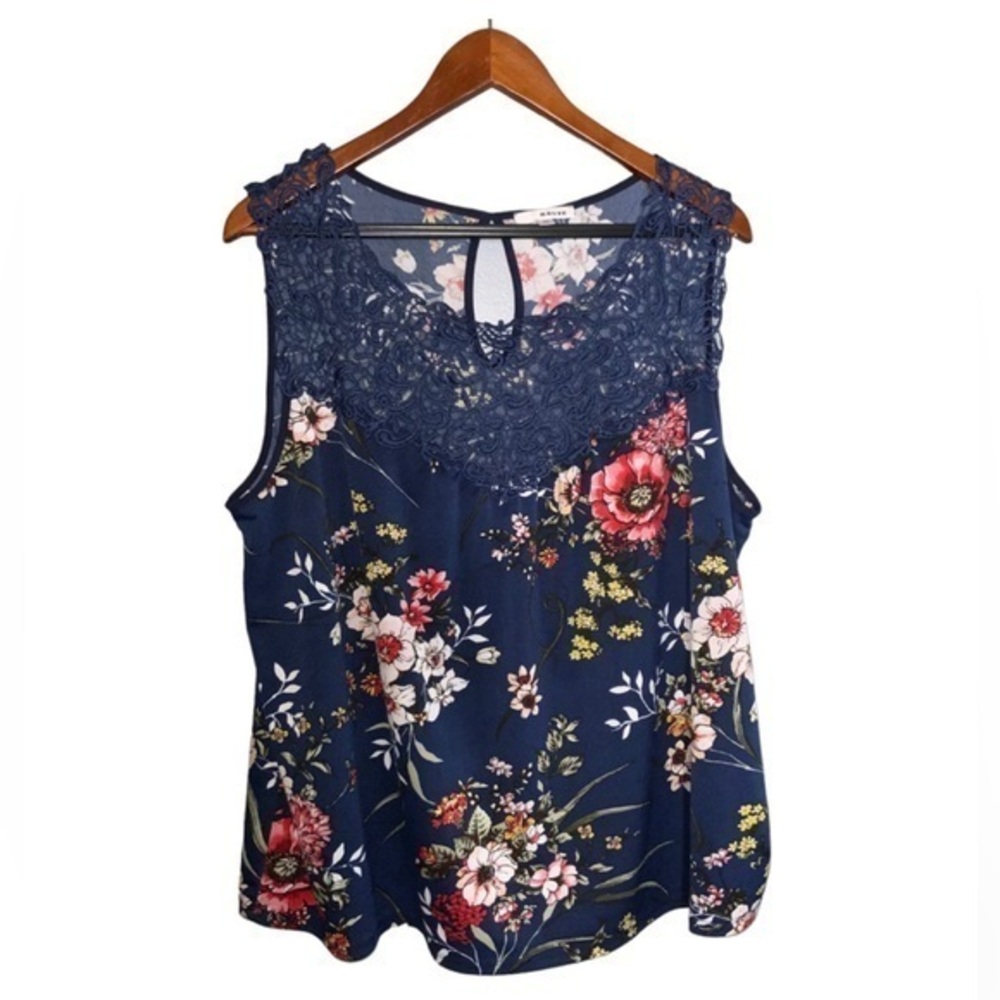 Mauve Blue Floral Sleeveless Stretch Knit Crochet Front Flowy Blouse 2X